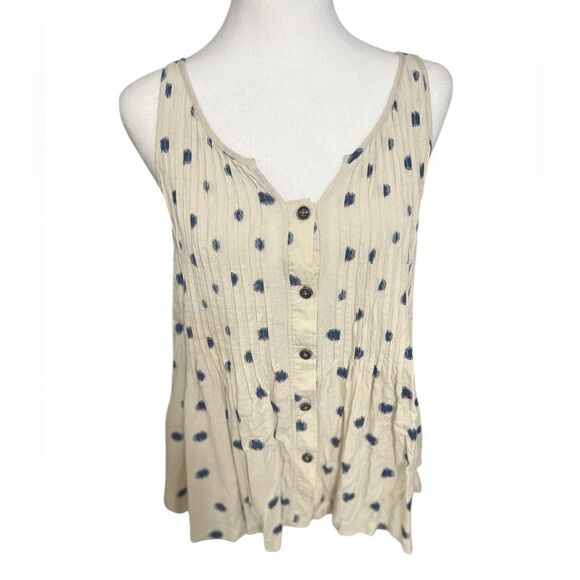 Anthropologie Maeve Saona Polka Dot Tank Pleat Swing Tan Blue medium 8 - Picture 3 of 14